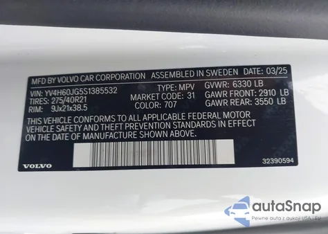 2025 Volvo Xc90 Plug-In Hybrid T8 Ultra 6-Seater из США, поврежденный, VIN YV4H60JG5S1385532